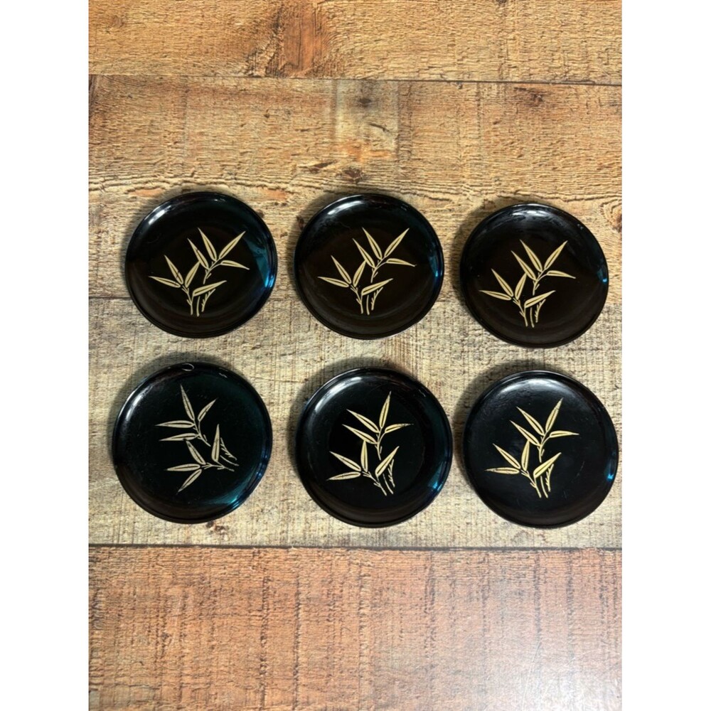 Japanese Lacquered Bamboo (6) Black Coasters Round Box Gold Bamboo Design - Picture 6 of 11